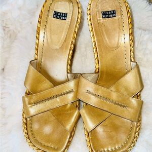 Stuart Weitzman Gold Platform Shoes with Crisscross Straps